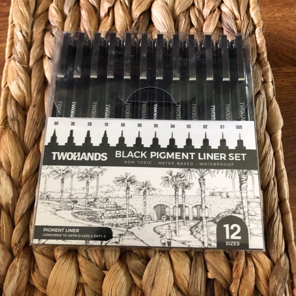 TwoHands Black Pigment Liner pen set non toxic, water based, waterproof set of12